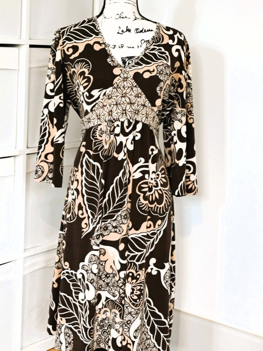 Apt 9 Dress Brown Floral Print V-Neck Fit Flare Tie Belt Large BOHO